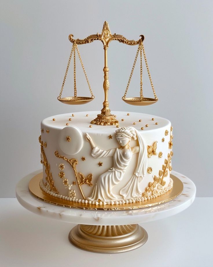 a white cake with gold decorations and a lady justice scale on top is sitting on a plate