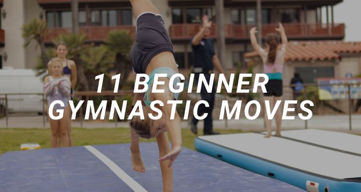 a woman doing a handstand on an inflatable trampoline with the words, 11 beginner gymnastics moves