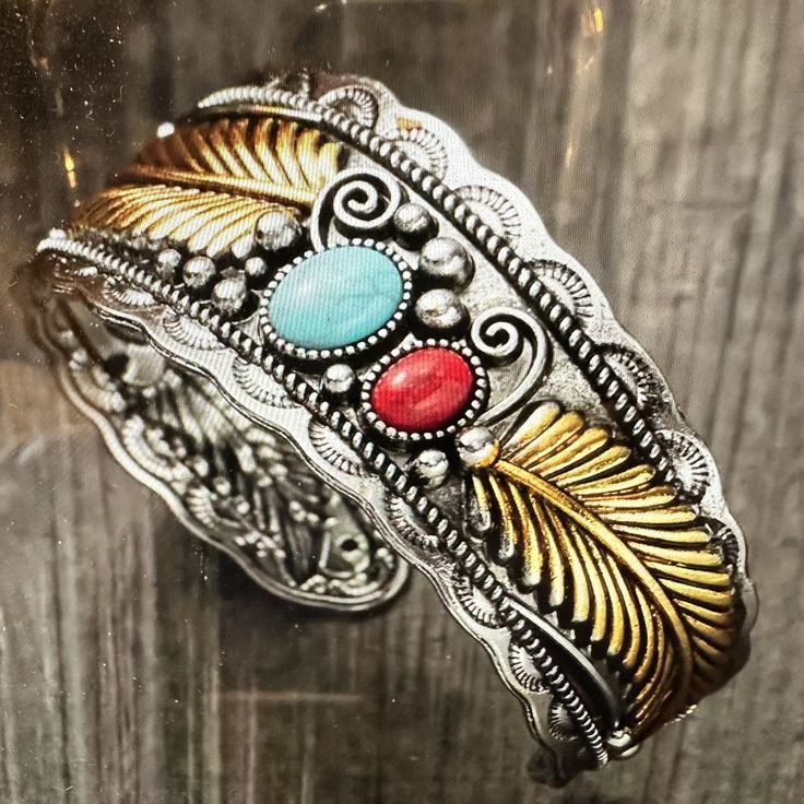 Handcrafted Feather and Stone Bracelet, Boho Silver and Gold Plated, Turquoise and Coral Stone Cuff Bracelet, Native American Adjustable Size Ships in Gift Box FAST shipping Western Style Bangle Jewelry Gift, Western Style Bangle Jewelry As Gift, Western Style Bangle As Gift, Western Style Red Jewelry As Gift, Turquoise Southwestern Cuff Bracelet As Gift, Red Bohemian Cuff Bracelet As Gift, Southwestern Turquoise Cuff Bracelet As Gift, Bohemian Red Cuff Bracelet As Gift, Southwestern Style Turquoise Cuff Bracelet For Gifts