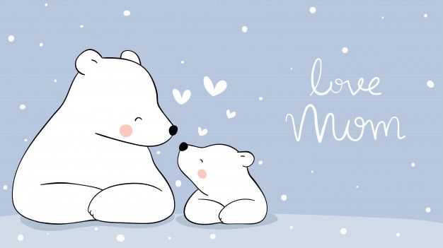 a mother polar bear and her cub are sitting in the snow with love mom written on it