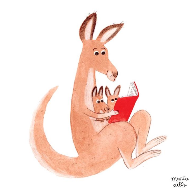 an illustration of a kangaroo and her baby reading a book