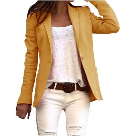 Women Casual Fashion Solid Color Long Sleeve Slim Jacket Suit Features: 1. It is made of materials, durable enough, and suitable for your daily wear 2. Fashionable design makes you more attractive 3. Comfortable material, suitable for various occasions. 4 is perfect for gatherings, daily, on the beach, I you will enjoy it! 5. Fashion design makes you more attractive Product Description: Season:Summer,Spring, Gender:Women Occasion:Home,Daily,Party Material: Polyester Decoration:None Style:Fashion Commuter Style, Yellow Blazer, Womens Blazers, Long Sleeve Blazers, Blazer Outfits, Trend Fashion, Blazer Buttons, White Pants, Fashion Colours