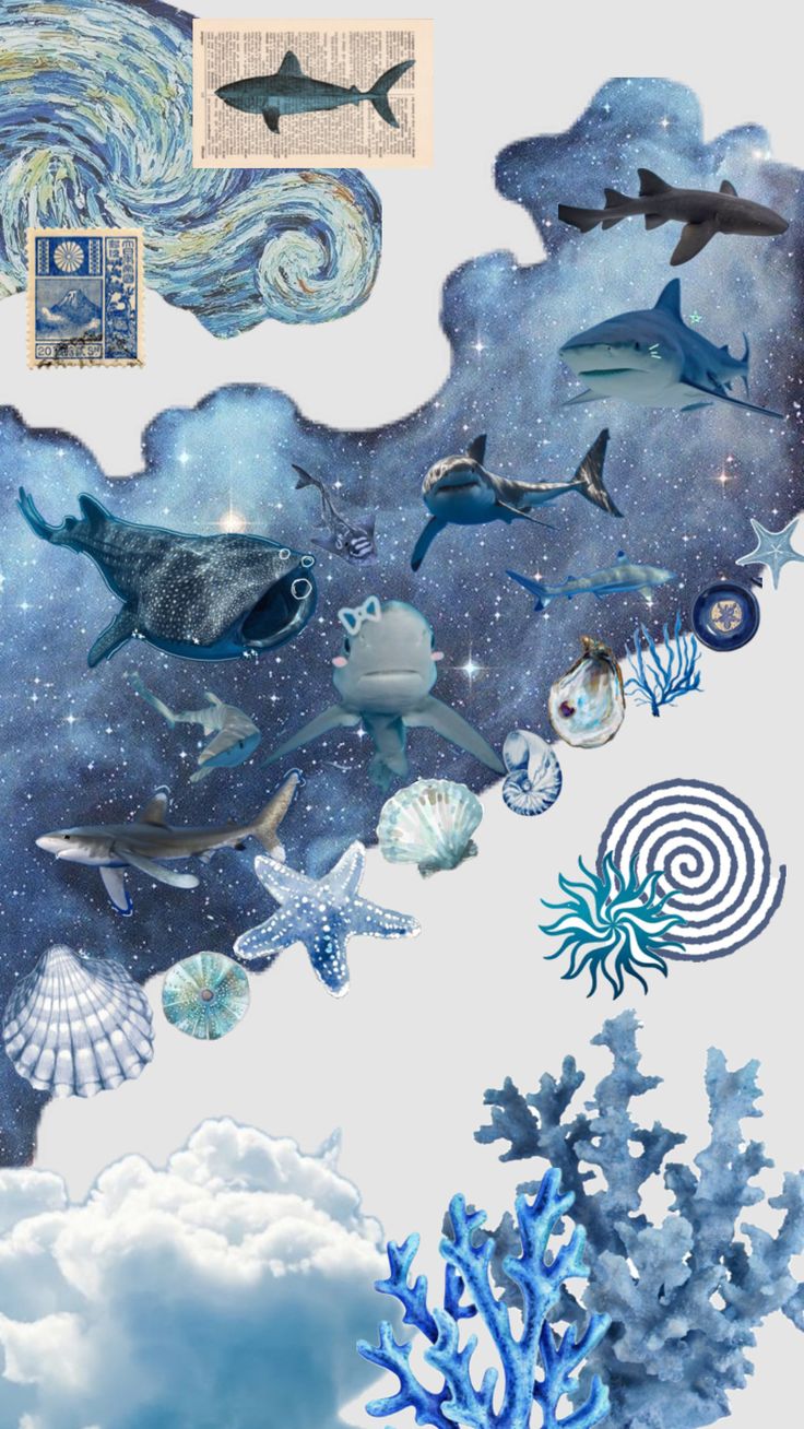 an image of the ocean with dolphins and other marine creatures on it's surface