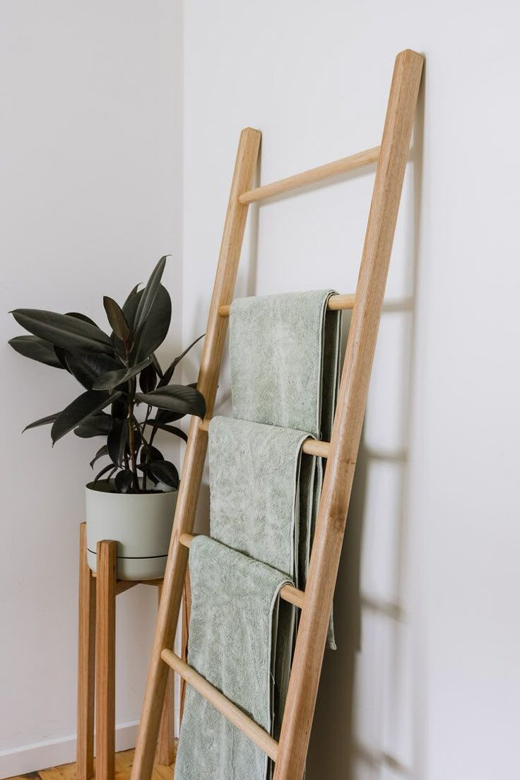 a wooden ladder leaning against a wall with towels on it next to a potted plant