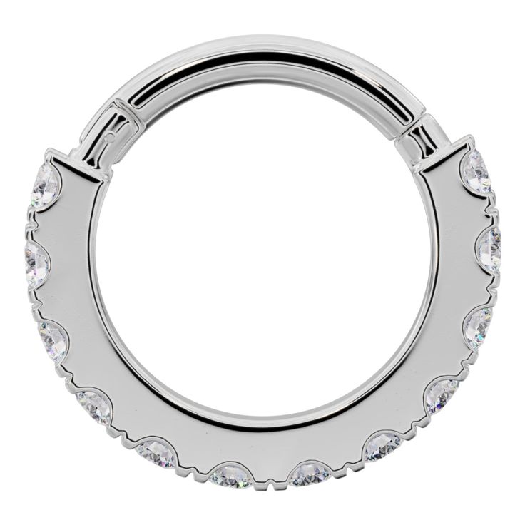 Make a statement with a look that never goes out of style. This timeless diamond clicker ring is a gorgeous and sophisticated piece to adore. Featuring a line of dazzling VS1 diamonds surrounding the hoop, this earring reminds us that some things are forever. You'll adore the look of diamonds shining from your lobes or other cartilage piercings such as helix, daith, auricle, and nose piercings, too. Genuine Diamonds - 1.3mm each Diamond clarity: VS1; Diamond color: G-H Solid 14k gold | Hypoaller Anniversary Round Piercings With Diamond Accents, Elegant Small Hoop Cubic Zirconia Piercings, Elegant Small Hoop Piercings With Cubic Zirconia, Anniversary Diamond Accents Round Piercings, Elegant Small Hoop Cubic Zirconia Piercing, White Gold Diamond Huggie Rings, Classic White Gold Hoop Piercings, White Gold Piercings With Diamond Accents, White Gold Brilliant Cut Piercings