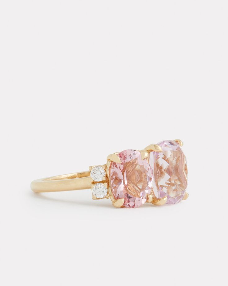 18K Yellow Gold Kunzite Cushion and Morganite Oval Ring with Diamonds, .2 TCWOrnament is 5/8 Inch Long x 1/2 Inch Wide Style# YRSOCMKW Formal Pink Sapphire Rings With Cushion Cut, Formal Pink Sapphire Cushion Cut Rings, Elegant Oval Three-stone Gemstones, Elegant Three Stone Oval Gemstones, Timeless Pink Rings With Center Stone, Elegant Multi-stone Pink Sapphire Diamond Ring, Elegant Multi-stone Pink Sapphire Rings, Classic Morganite Cushion Cut Rings, Timeless Morganite Ring With Center Stone