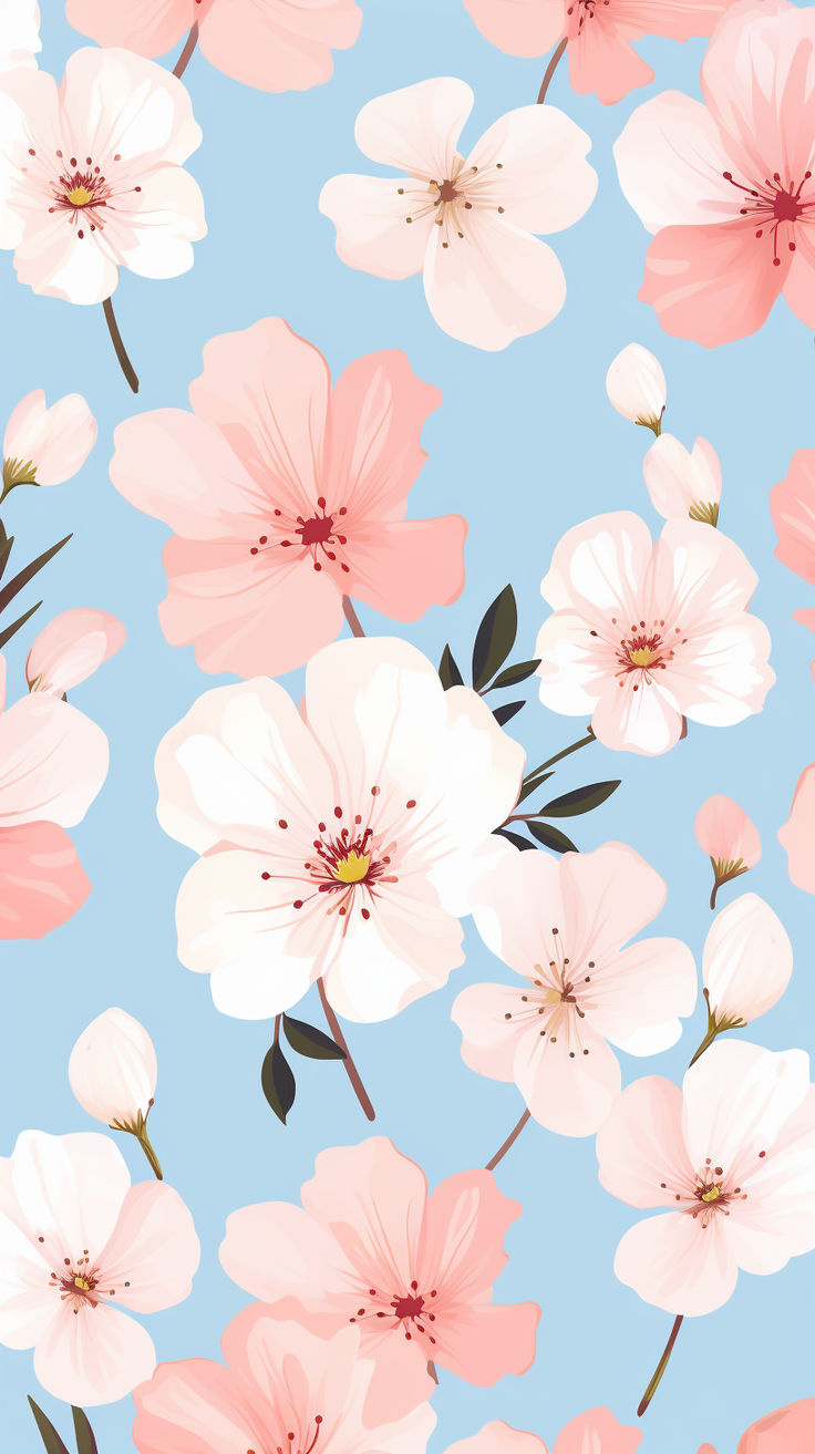 pink and white flowers on a blue background