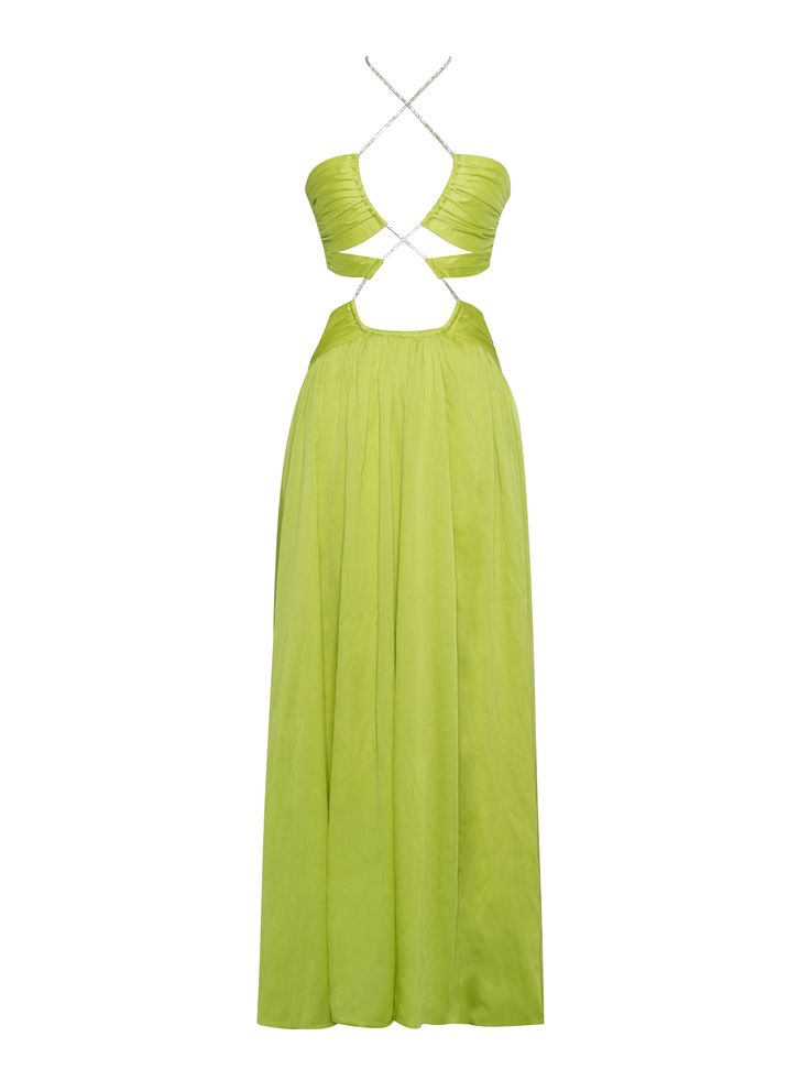 Materials: Silk Pleated Stretch Factor: Non Stretch Clean: Dry-clean only Length: Approx 51.1inch / 130cm Color may vary due to lighting on images. The product images (without model) are the closest to the true color of the product. Green Pleated Bodice Maxi Dress For Evening, Pre-draped Backless Maxi Dress For Party, Flowy Tie Back Maxi Dress For Party, Flowy Tie-back Maxi Dress For Party, Cocktail Maxi Dress With Pleated Bodice, Flowy Maxi Dress With Tie Back For Party, Chic Dresses With Tie Back And Cut-out Waist, Cocktail Green Maxi Dress With Pleated Bodice, Spring Formal Maxi Dress With Cutout