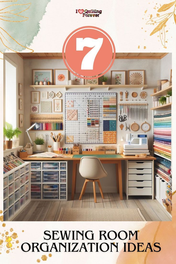 the sewing room organization ideas book is open to reveal an organized area with lots of crafting supplies