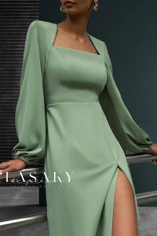 Lasaky - Classic V-Neck Wrap Dress for Women with Long Sleeves and Solid Color Split Dress Thigh, Side Split Dress, Fitted Bodycon Dress, Long Green Dress, Lantern Sleeve Dress, Women Long Sleeve Dress, Dope Outfits, Classy Dress, Split Hem