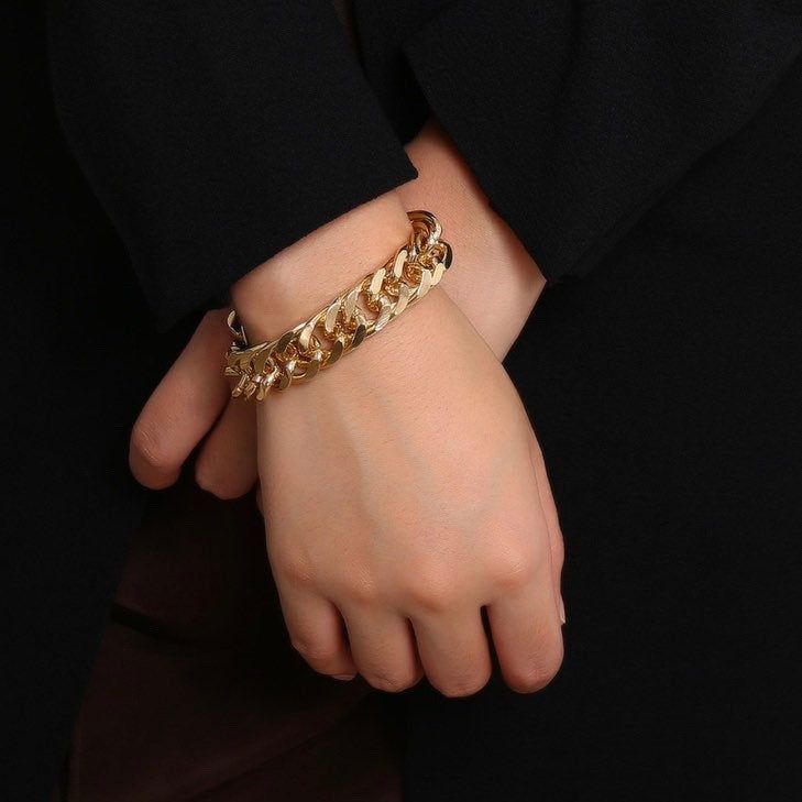 "Enjoy FREE SHIPPING WORLDWIDE+ 10% off all jewelry + Free beautiful gift wrap ❤ Welcome to My Store!❤ Already made- ship in 1-3 days! Elevate every day with this beautiful gold Link chain bracelet. Classic and super trendy for stacking and for everyday wear. ♦Materials♦ 14k gold plating/silver plating over aluminum. Nickel-free. ♦Measurements♦ Chain length: 15cm-5.9\"+ 5cm- 1.96\" extension chain 18cm-6.2\"+ 5cm- 1.96\" extension chain. . Chain thickness: 1.5cm- 0.6\" ♦Shipping♦ Please allow 1- Minimalist Chain Bracelets For Party, Trendy Chunky Chain Cuban Link Bracelet, Trendy Chunky Cuban Link Bracelet, Minimalist Gold Plated Curb Chain Bracelet, Minimalist Gold-plated Curb Chain Bracelet, Trendy Cuban Link Chunky Chain Bracelets, Trendy Bracelets With Chunky Cuban Link Chain, Trendy Gold Cuban Link Bracelet For Everyday, Trendy Gold Chain Cuban Link Bracelet For Everyday