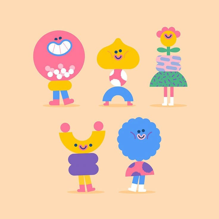 four cartoon characters are standing together in different colors and sizes, one is blue, the other is pink