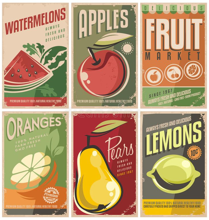 four vintage fruit labels with apples, pears, watermelon and lemons