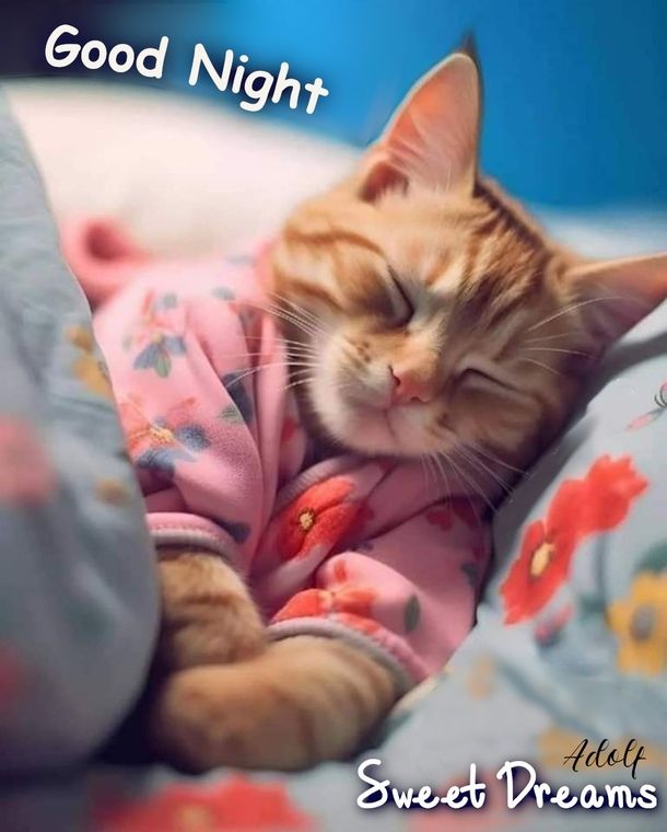 an orange and white cat sleeping on top of a bed with the caption good night sweet dreams