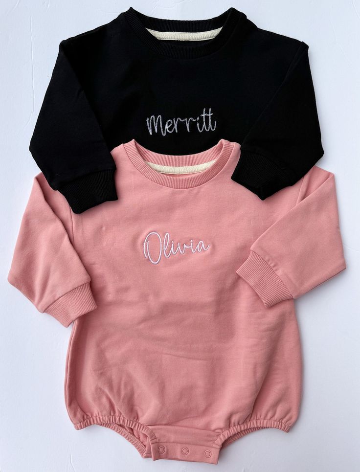 These adorable long sleeve sweatshirt rompers are so soft and have a nice stretch for baby. While they do run true to size, size up for the popular oversized look. Cute and cozy bodysuit with baby's name embroidered. Emboriedery is done on wash away backing, so it will leave the inside of the romper soft and gentle on baby's skin. Choose your font preference and thread color. Be sure to use capitals as desired when typing out baby's name.    Looking for more adorable goodies? Check out other bow Family Matching Long Sleeve Onesie For Loungewear, Family Matching Long Sleeve Cotton Sweatshirt, Casual Long Sleeve Onesie With Letter Print, Cute Long Sleeve Onesie With Letter Print, Family Matching Long Sleeve Sweatshirt With Name Print, Family Matching Embroidered Long Sleeve Sweatshirt, Cute Black Long Sleeve Onesie, Pink Long Sleeve Sweatshirt With Name Print, Newborn Outfit