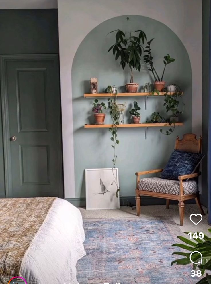 a bed room with a neatly made bed and some plants on the shelves above it