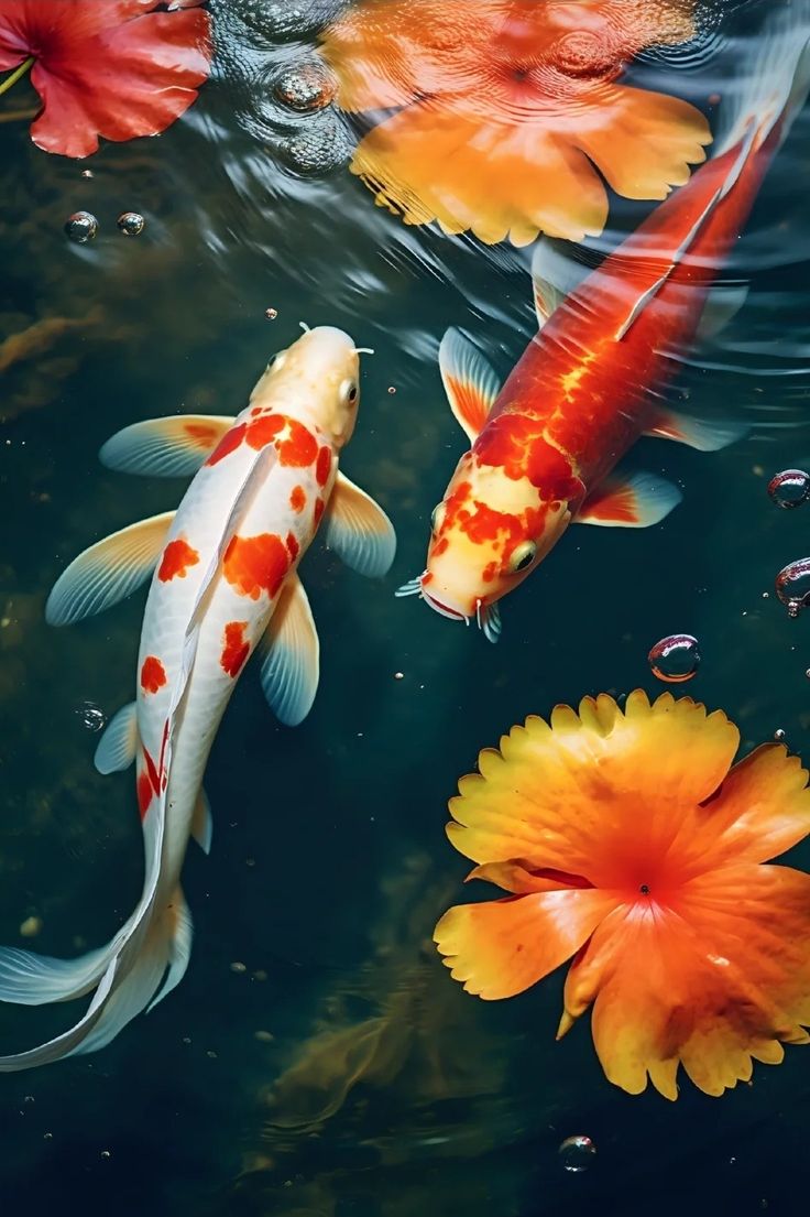 two orange and white koi fish swimming next to each other