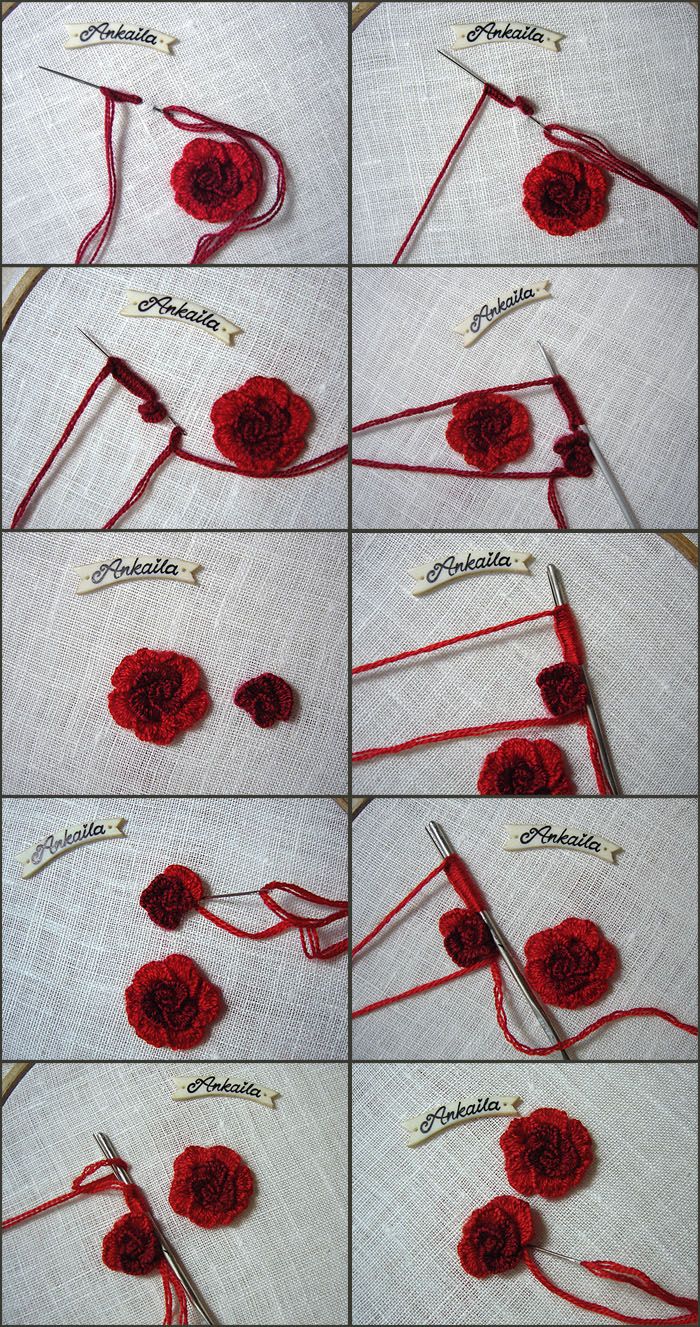 the steps to crochet red flowers are shown