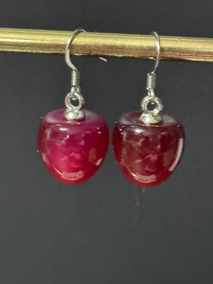 pair of silver tone dark morello red cherry drop earrings pierced ears Handmade Elegant Cherry Drop Earrings, Burgundy Dangle Earrings, Cherry Colored Round Earrings For Gift, Cherry Round Earrings For Gift, Cherry Dangle Earrings With Ear Wire, Cherry Colored Drop Earrings With Ear Wire, Cherry Drop Earrings With Ear Wire, Cherry Color Dangle Earrings, Dark Red Cherry