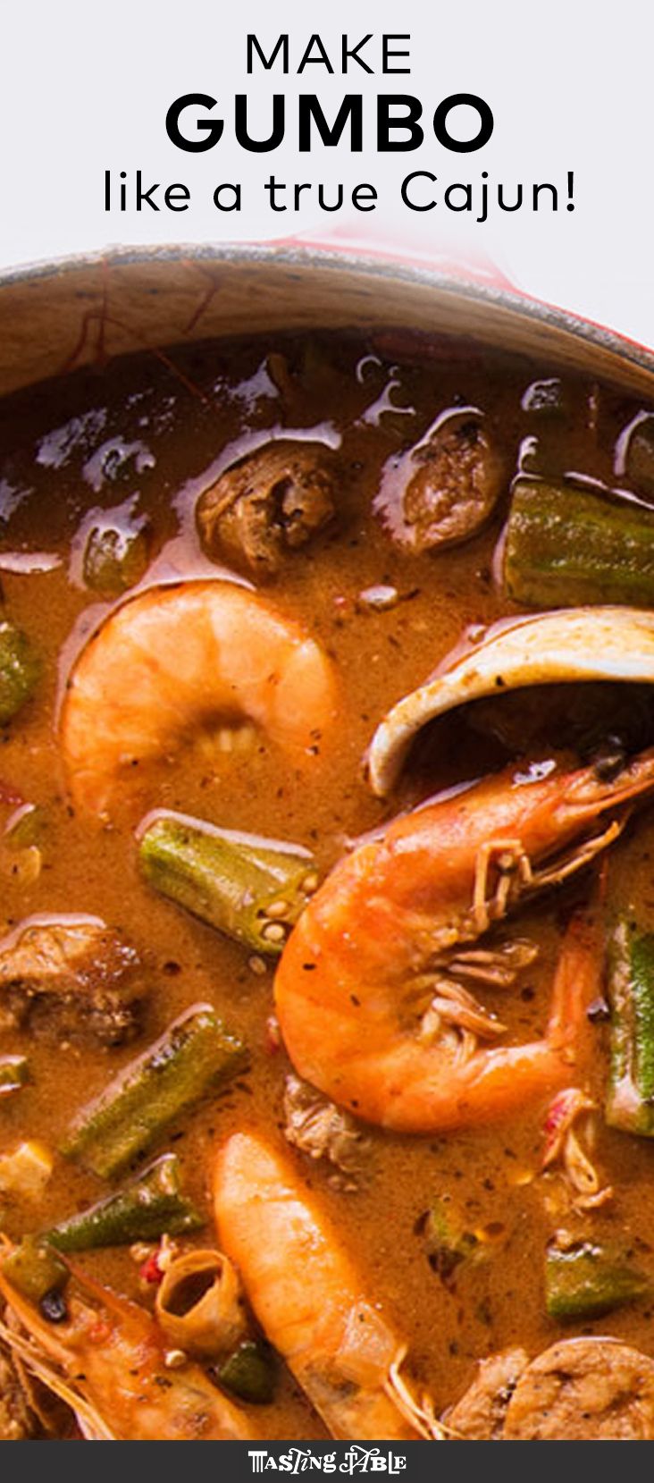 a bowl of gumbo soup with shrimp, green beans and mushrooms