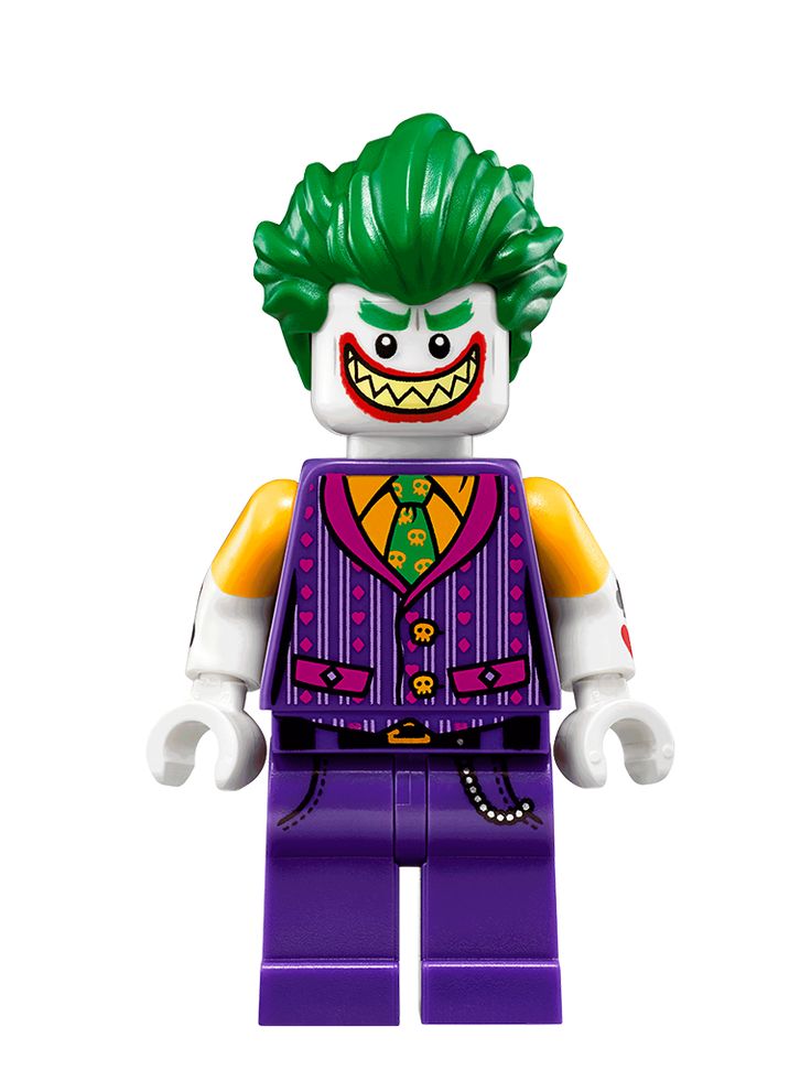 the lego batman movie character is wearing a purple suit with green hair and red eyes