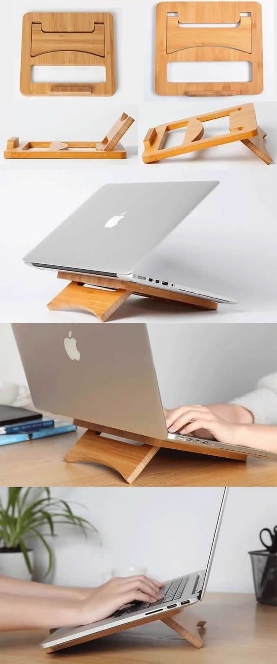 the laptop stand is made out of wood and has multiple sections to use it as a lap top