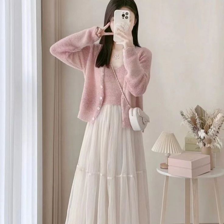 Color: Set, Size: S Shoujo Modest Outfit, Soft Korean Aesthetic Outfit, Shoujo Girl Outfit Modest, Cute Modest Skirt Outfits, Modest Shoujo Outfits, Pink Outfits Modest, Korean Fashion Modest, Korean Soft Girl Outfit, Pink Skirt Outfit Ideas