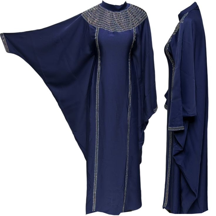 Luxury Women Navy Blue Batwing Abaya Farasha Jalabiya Arab Dress With Stone Work . As a result, comes in original plastic wrap with Hijab included. Beautiful material with a premium feel. Exclusive new design Abaya.      Comes with scarf  Stone work  It comes with 2 belt inside that allow you to adjust the size   Colour: navy blue   material : Nida   Latest new design!  Suitable for easy iron.   Do not tumble dry.  Dry clean  Abayas are known by many name such as modest Islamic clothing, jilbab, jalabiya Arab rob, long dress, Muslim clothing, Kimonos, Hijab. However, they serve the same purpose: to cover. Other models are usually kaftans, cut from light, flowing fabrics like crepe, georgette, nida, and chiffon. Other known styles are open ,closed front, Batwing. Styles differ from region. Blue Long Khimar For Eid, Long Blue Khimar For Eid, Blue Long Sleeve Agbada For Eid, Blue Agbada With Dabka Detail, Blue Abaya For Eid, Long Blue Abaya For Eid, Blue Long Abaya For Eid, Blue Long Sleeve Thobe For Eid, Blue Traditional Abaya For Eid