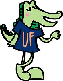 an image of a cartoon alligator wearing a t - shirt with the uf on it's chest