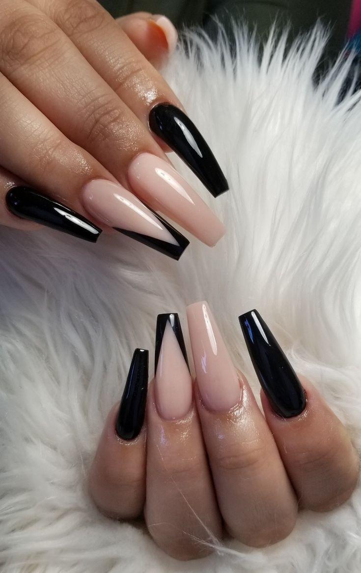 Black V French Tip Nails Coffin, Black French Tip Coffin Acrylic Nails, Black V French Tip Nails, Black Coffin Nails, Black Acrylic Nails, Formal Nails, Gold Glitter Nails, Diy Acrylic Nails, Edgy Nails