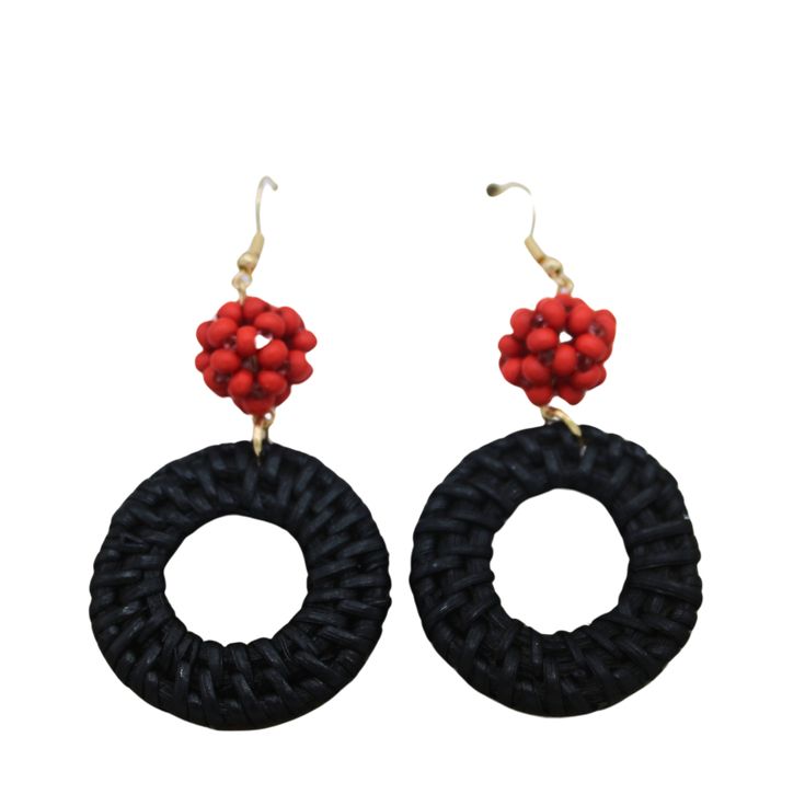 Black Rattan Dangle Earrings with Red Beads - Bold and Elegant! Enhance your style with our exquisite Black Rattan Dangle Earrings featuring Red Beads. These earrings combine the sophisticated allure of black rattan with the vibrant pop of red beads, creating a striking and unique accessory. Perfect for any occasion, these earrings add a touch of natural elegance and bold color to your ensemble, whether you're dressing up for a special event or enhancing your everyday look. Why You'll Love Our B Black Dangling Beads Jewelry For Beach, Black Beach Jewelry With Dangling Beads, Beach Jewelry With Black Dangling Beads, Black Beaded Earrings With Dangling Beads For Beach, Black Beaded Earrings For Beach, Black Beaded Earrings For The Beach, Beach Dangle Earrings With Black Beads, Traditional Red Earrings With Black Beads, Wooden Beads Earrings For Beach