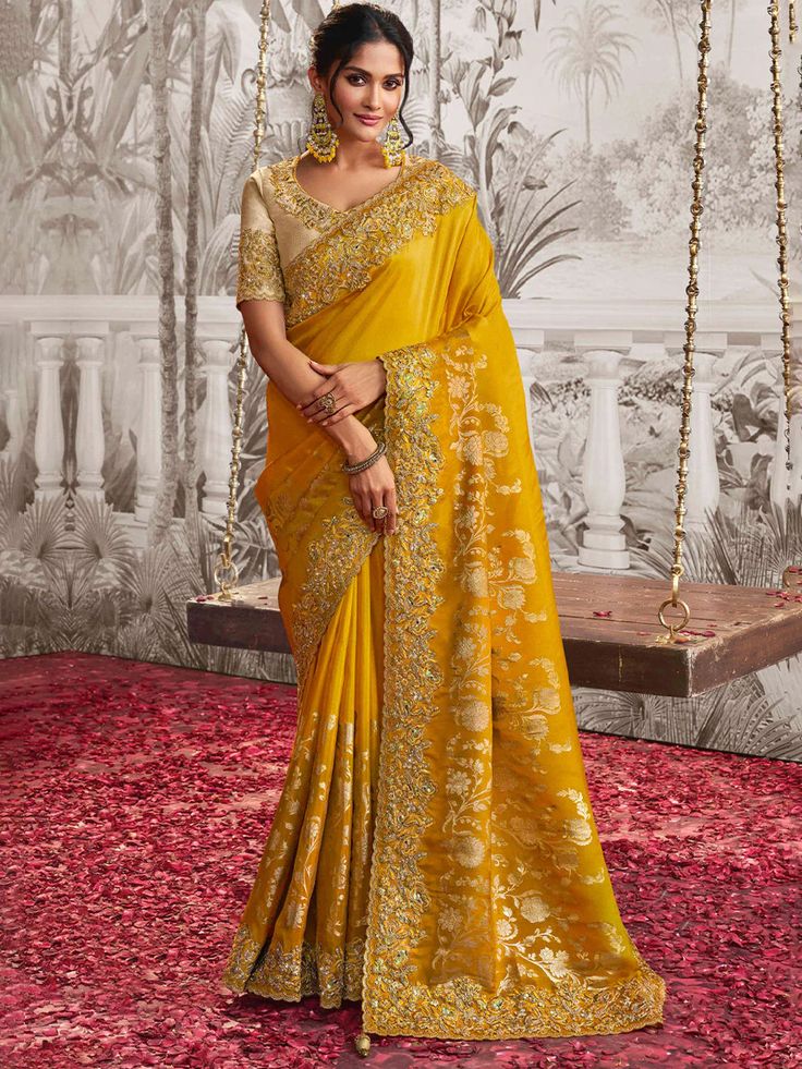 Halley Satin Embroidered Work Designer Border Saree Premium quality fabric Enhanced with thread & tiki embroidery work. Comes with unstitch blouse fabric High quality fabric and stitching. Introducing the Halley Saree, crafted from luxurious satin silk and adorned with intricate embroidered Tiki work and a designer border. Elevate your style with this elegant saree and turn heads at any occasion. Saree Couture, Haldi Saree, Engagement Sarees, Engagement Saree, Haldi Outfits, Character Wardrobe, Border Saree, Female Dress, Yellow Saree