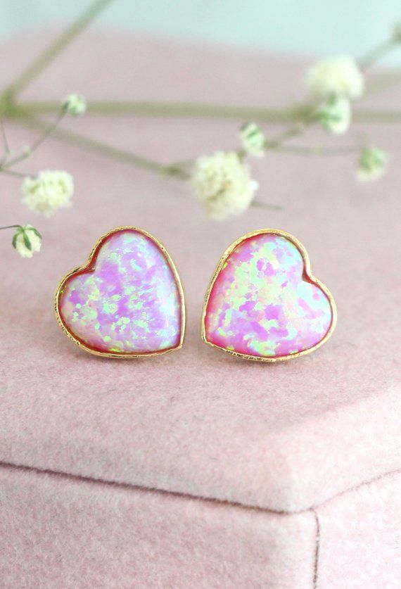 Opal Stud Earrings, Hear Stud Earrings, Pink Opal Gold Stud Earrings, Gift For Her, Gold Heart Earrings, Pink Stud Heart Opal Earrings. Heart-shaped Cute Jewelry With Matching Earrings, Nickel-free Heart Earrings For Her, Heart-shaped Pierced Earrings For Mother's Day, Cute Heart Shaped Earrings For Anniversary, Cute Wedding Earrings For Valentine's Day, Valentine's Day Heart Earrings Gift For Her, Pink Heart Pendant Earrings For Gift, Pink Pierced Heart Earrings For Anniversary, Heart-shaped Earrings For Gifts