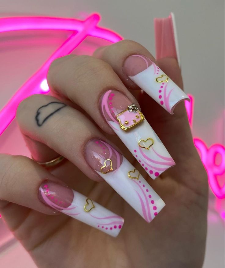 French Tips Y2k, Hello Kitty French Tips, Y2k Nails Acrylic, Nails Acrylic Long, Inspired Nails, Y2k Nails, Glow Nails, Hello Kitty Nails, Dope Nail Designs