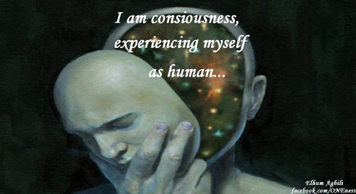 a man with his head in his hands and the words i am consciousness, experiencing myself as human