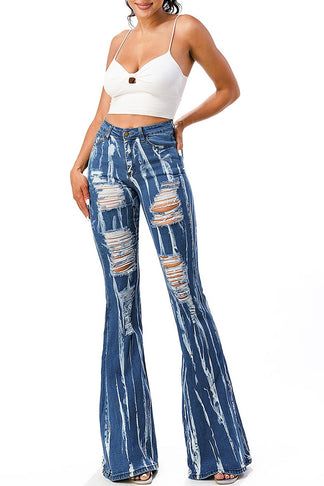 Alchemy Distressed High Rise Flares – Pink Ice Trendy Fitted Distressed Flares, Fitted Distressed Denim Flares, Distressed Blue Flare Jeans, Trendy Distressed Wide Leg Flares, Blue Distressed Flare Jeans, Distressed Flare Cotton Jeans, Distressed Cotton Flare Jeans, Trendy Distressed Flares For Spring, Distressed Denim Flares