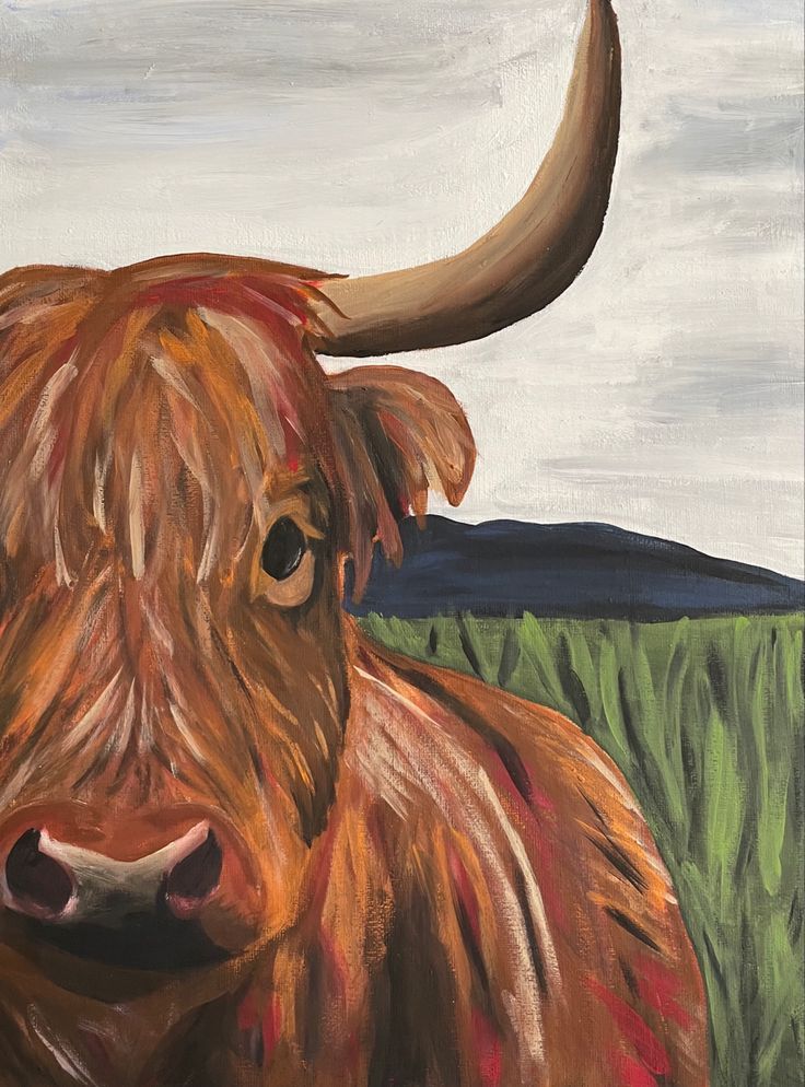 a painting of a brown cow with long horns