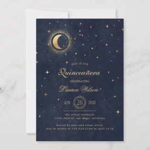 the moon and stars are in the night sky on this quinceaue wedding card