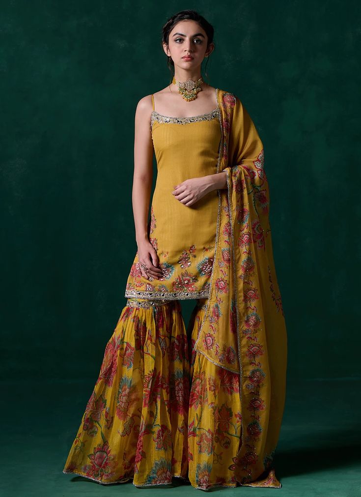 Yellow Multicolor Floral Printed Gharara Suit – Lashkaraa Kurta And Sharara Set, Kurta And Sharara, Gharara Suits, Engagement Lehenga, Mehndi Outfit, Asian Clothes, Georgette Tops, Sharara Set, Organza Dupatta