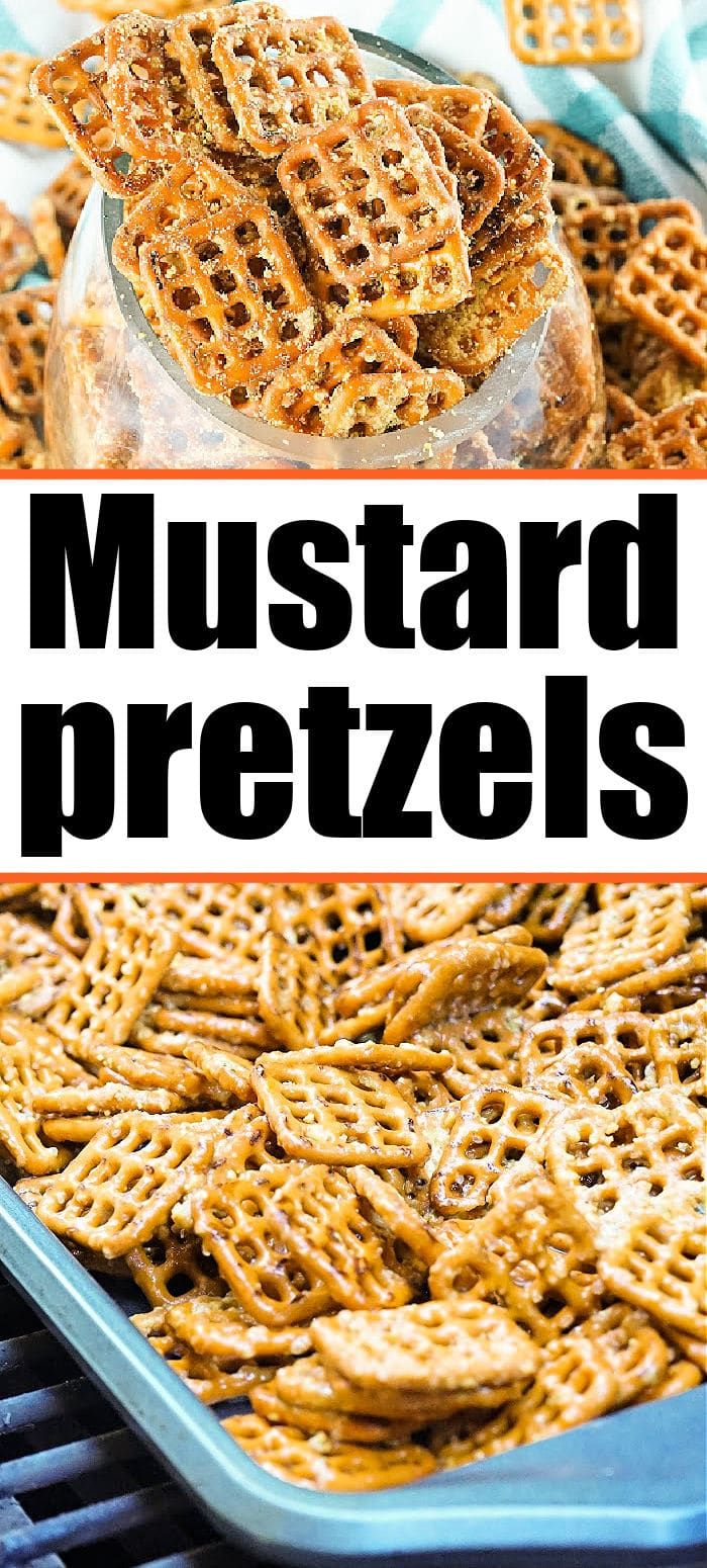 the words mustard pretzels are in front of some pretzels on a grill