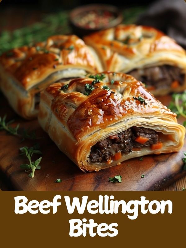 beef wellington bites on a cutting board with the words beef wellington bites in front of it