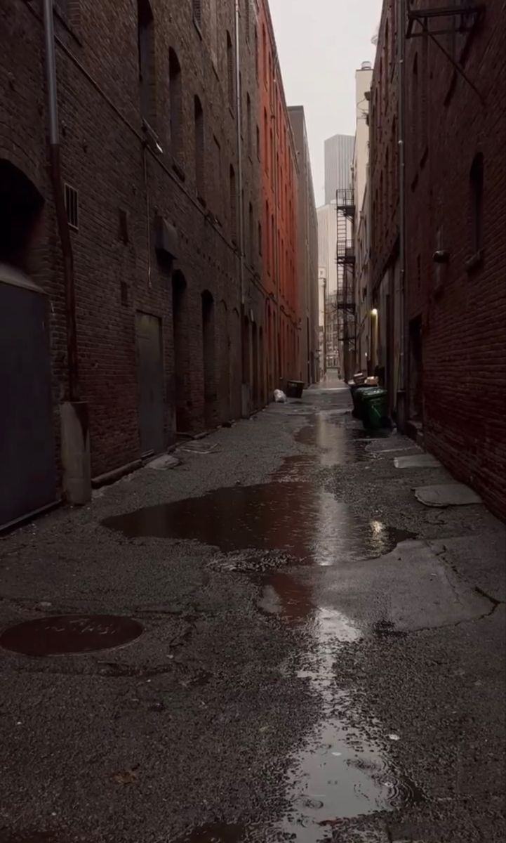 an alley way with puddles on the ground and brick buildings in the backround