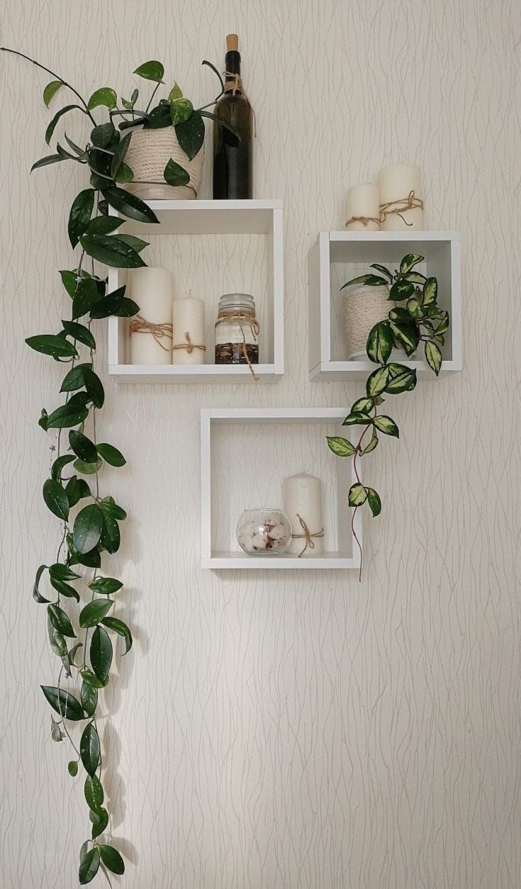 three white shelves with plants and candles in them on the wall next to a bed