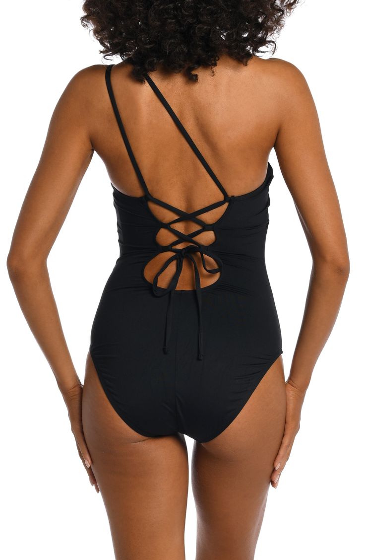 Feel every inch a goddess in this swimsuit fashioned with the neckline of the moment tethered to crisscrossed straps in back. Ties at back One-shoulder neck Removable cups Moderate back coverage Lined 83% nylon, 17% elastane Hand wash, line dry Imported Party Swimwear With Tie Back And Strappy Detail, Party Swimwear With Tie And Strappy Back, Party Swimwear With Crisscross Straps And Backless Design, Backless Swimwear With Crisscross Straps, Beachwear Tankini With Crisscross Backless Straps, Backless Tankini With Crisscross Straps For Beachwear, Elegant Strappy Swimwear For Swimming, Strappy Tankini With Tie Back For Swimming, Black Strappy Swimwear With Tie Back