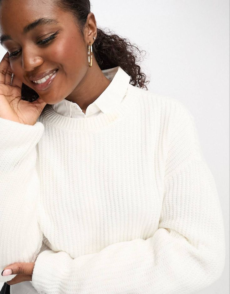 JDY round neck sweater in cream | ASOS White Sweater With Ribbed Collar For Spring, White Ribbed Collar Sweater For Spring, Classic White Sweater With Ribbed Cuffs, Cozy White Crew Neck Cropped Sweater, Casual Crew Neck Cropped Sweater In Winter White, White Sweater With Ribbed Collar For Fall, White Cozy Fit Sweater For Fall, White Long Sleeve Cropped Sweater For Winter, White Comfortable Fit Sweater For Fall