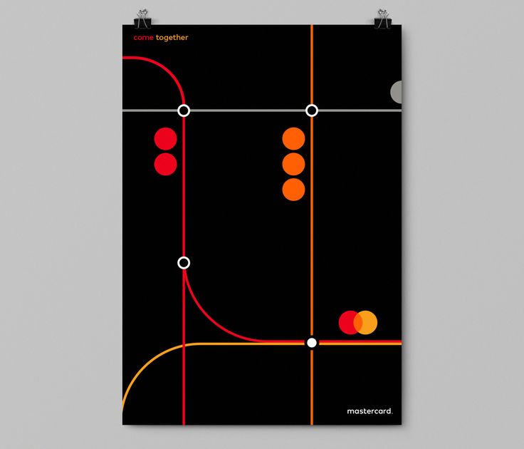 a black poster with orange and red circles on it