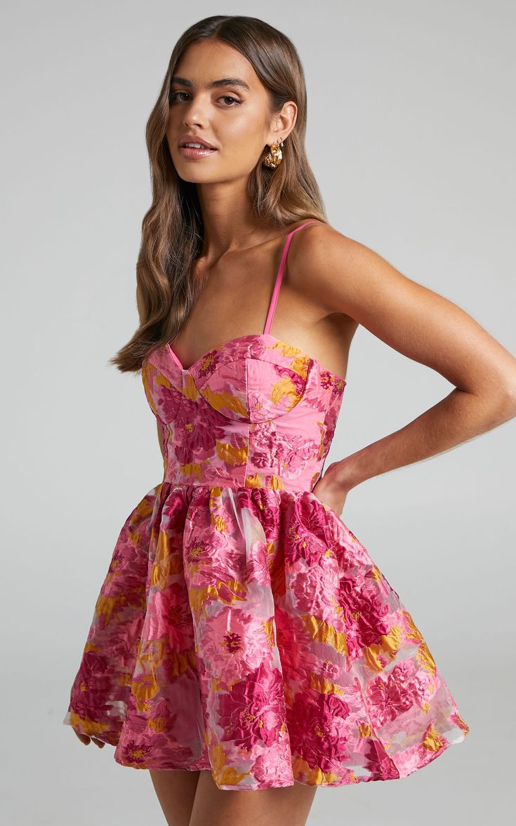 Brailey Mini Dress - Sweetheart Bustier Dress in Pink Jacquard | Showpo USA Short Tea Party Dresses, Showpo Brailey Dress, Floral Tea Party Dress, Party Corset Dress With Floral Print And Fitted Bodice, Pink Fitted Dress With Lined Bodice, Floral Print Corset Dress With Fitted Bodice For Party, Spring Glamorous Corset Dress With Sweetheart Neckline, Garden Party Corset Dress With Sweetheart Neckline, Pink Summer Dresses With Boned Bodice