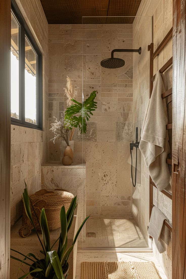 a bath room with a toilet a shower and a plant