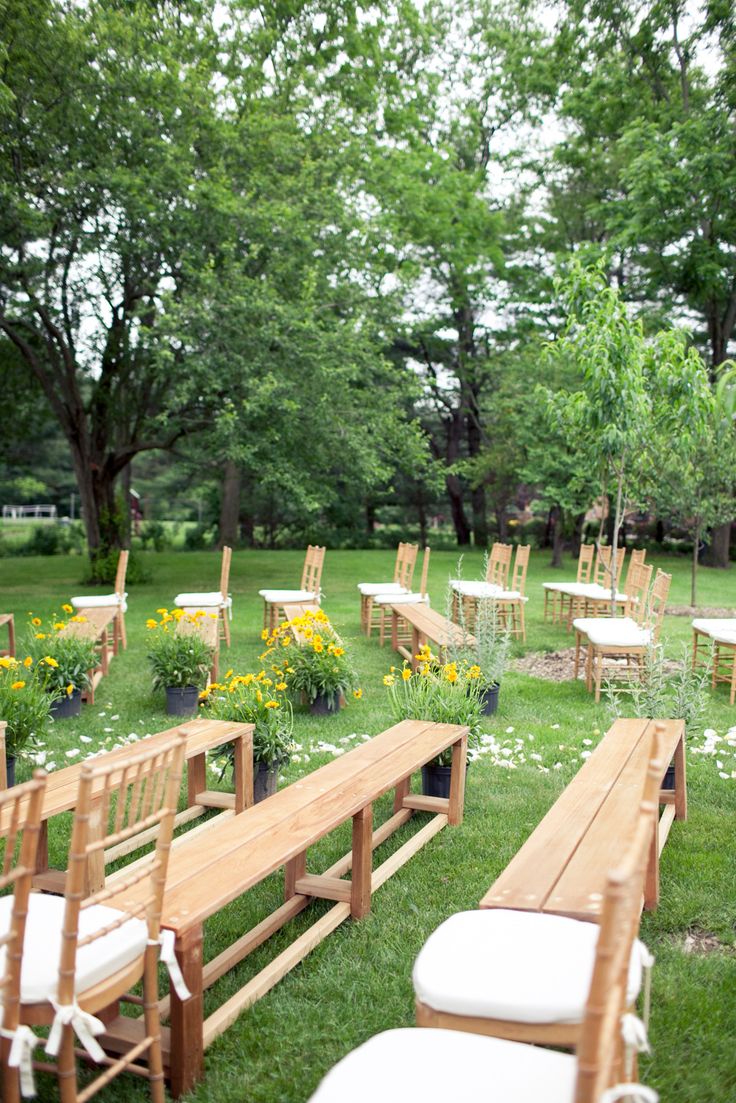 there are many wooden benches and chairs in the grass with flowers growing on each bench