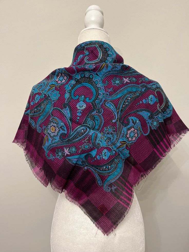 "This scarf is gorgeous!  It's an acrylic fringe scarf made in Japan for Glentex.  Glentex has a long history in beautiful scarves.  This one is from circa 70s, possibly older.  I love the vibrant colors!  Purple and turquoise dominate in a paisley and checked pattern.  It's very intricate and unique.  Quite stunning!  It is a large size 30\" x 30\" without fringe.  The fringe adds about 1/4\" on each side.  It's in excellent condition!  This one won't disappoint!  Love it!  Thanks for looking!" Purple Bohemian Scarves For Winter, Purple Bohemian Scarf For Winter, Vintage Multicolor Paisley Scarves, Blue Bohemian Scarf With Paisley Print, Blue Paisley Print Bohemian Scarf, Blue Bohemian Paisley Print Scarves, Blue Vintage Shawl Scarf, Vintage Blue Scarf One Size, Blue Vintage Shawl